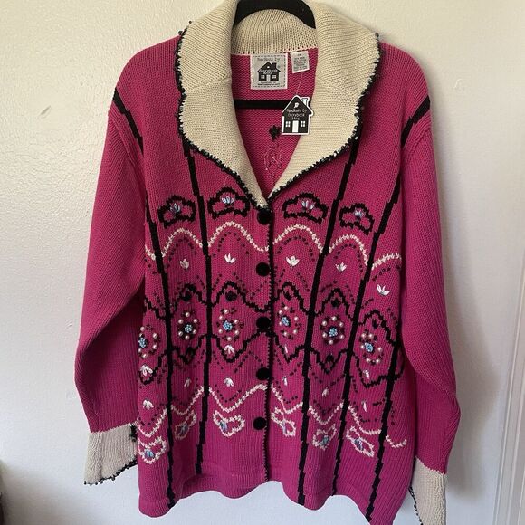Storybook Knits HSN Cardigan Pink Black Embroidered Beaded Sweater Sz 2X NEW - Picture 1 of 6